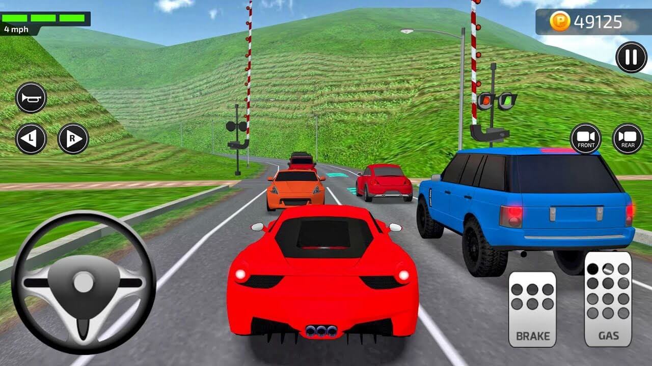 screenshot from driving car game with brake and has and controls