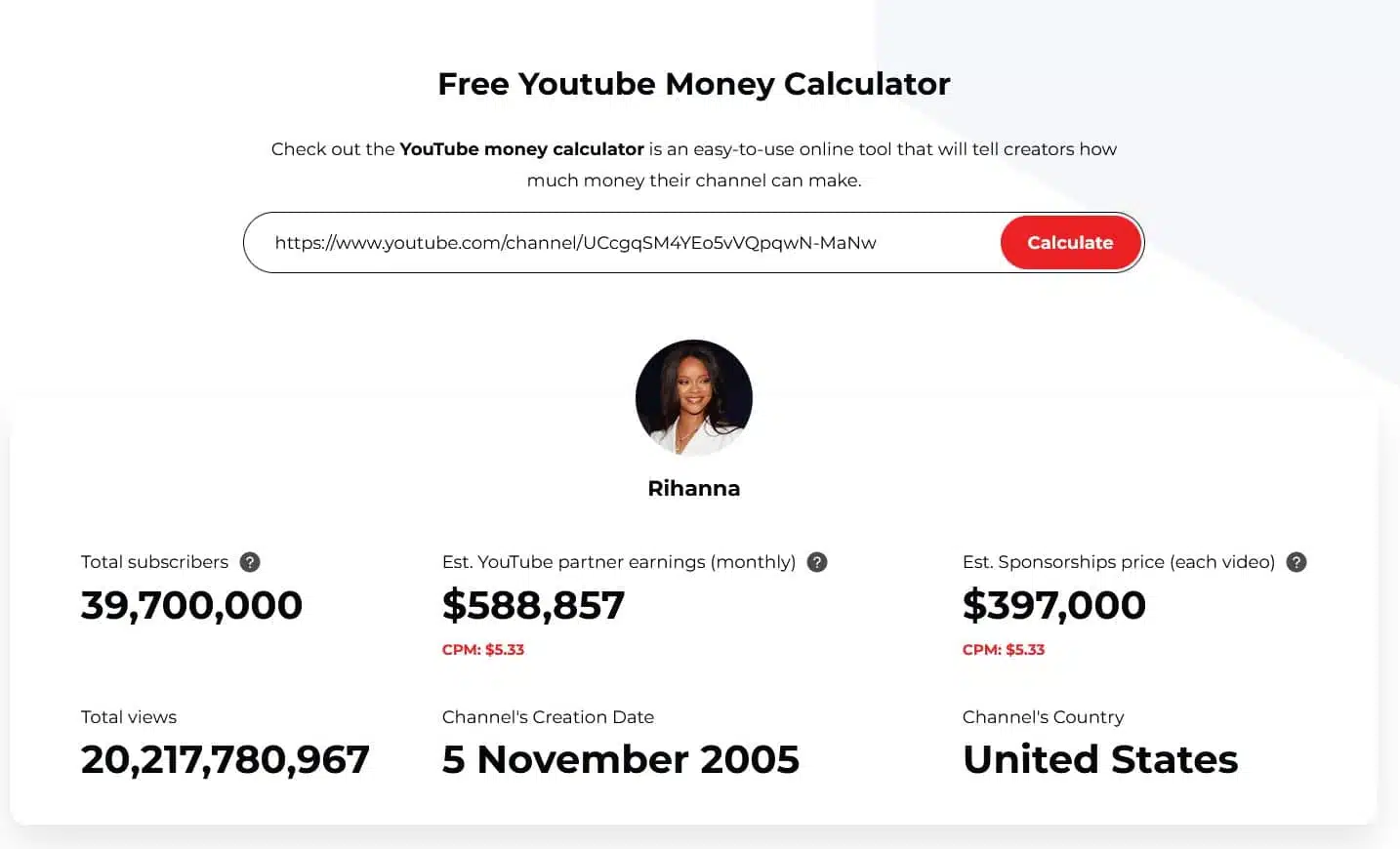 This is a screenshot of the youtube money calculator by Views4you