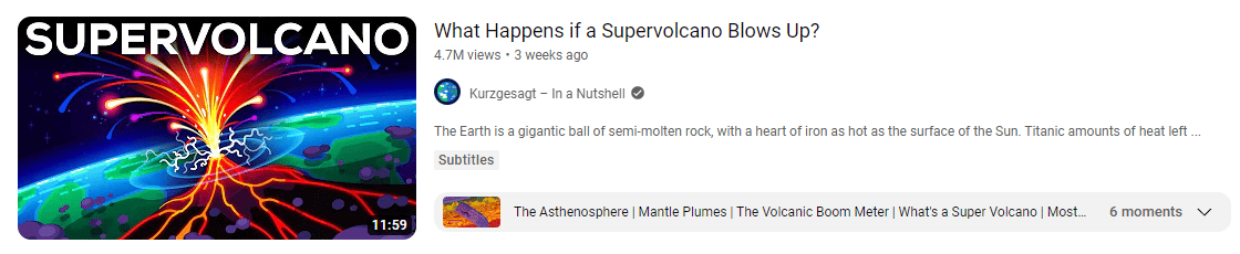 The display of the supervolcano thumbnail for Kurzgesagt channel.