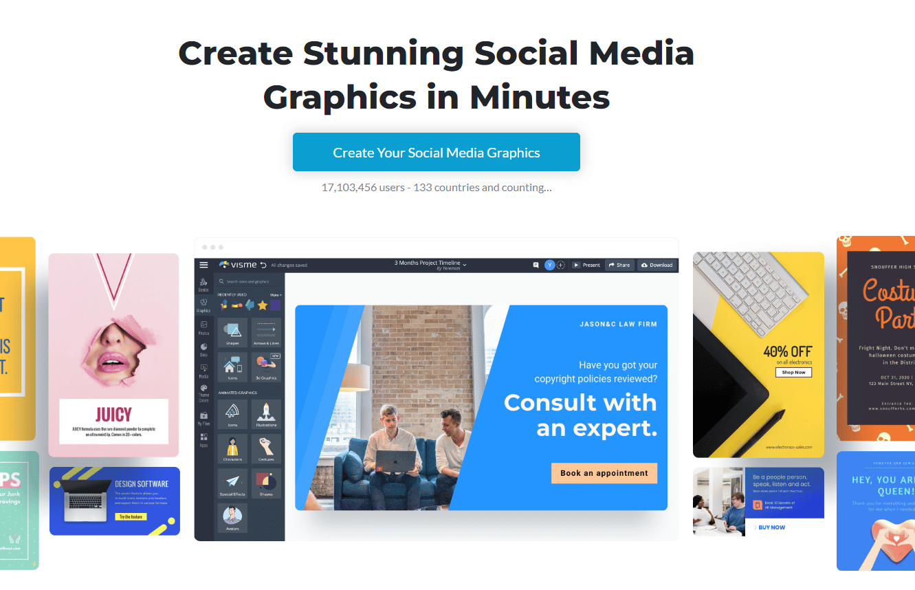 Create great social media graphics in a very short time with Visme app.