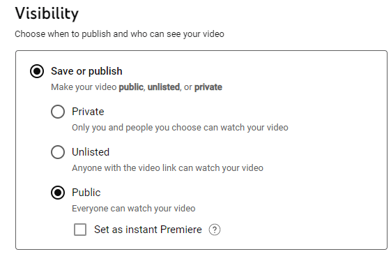 "Privacy" section on YouTube Studio. 
