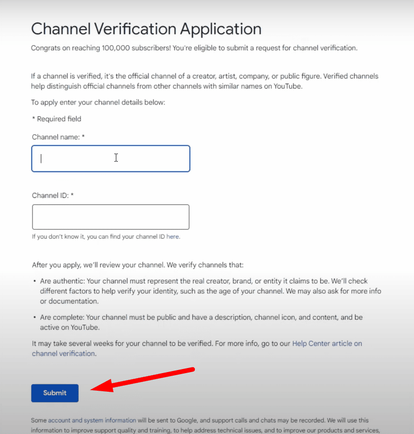 channel verification application form.