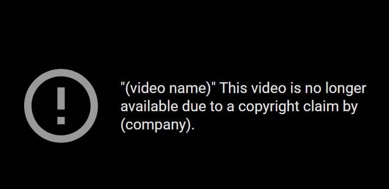 Notification to inform you that the video has been removed from YouTube due to Copyright Claim.