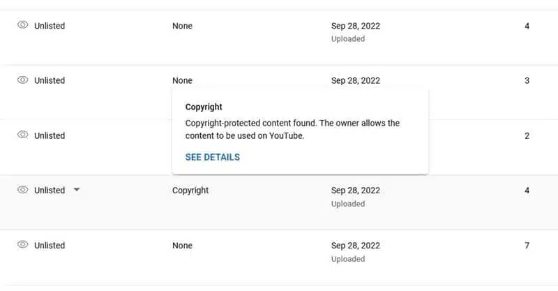 Copyright-protected content found for YouTube videos.