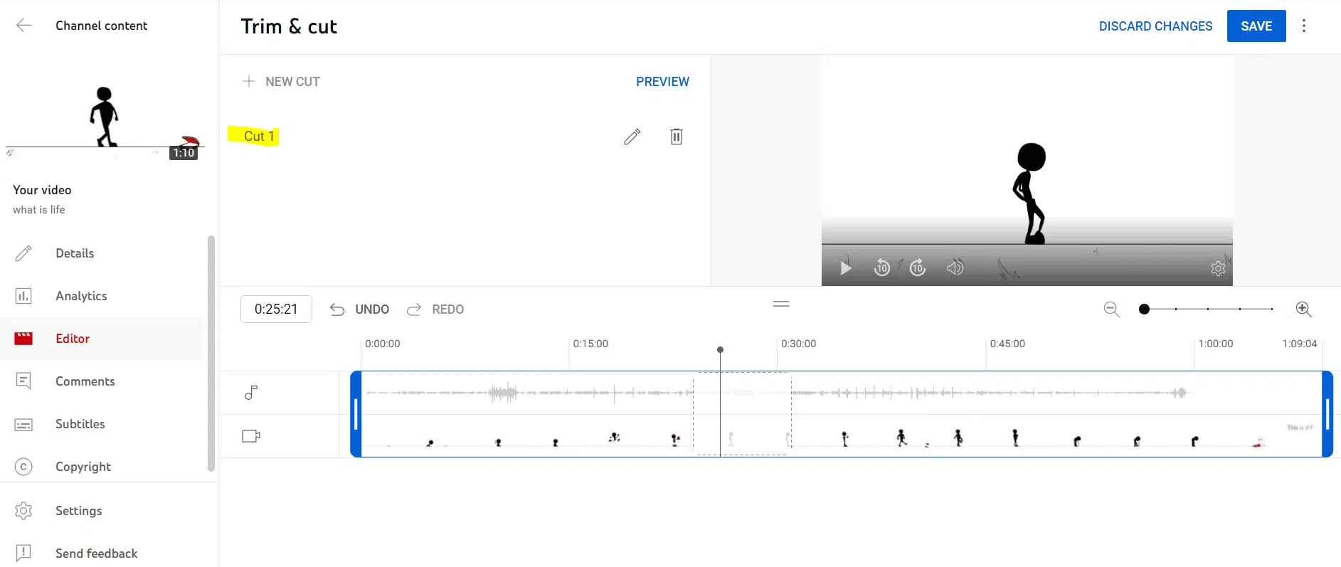 A screenshot showing how to to trim & cut a YouTube video.