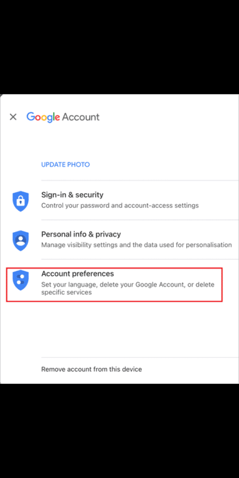 Select the ''account preferences' on the third row.