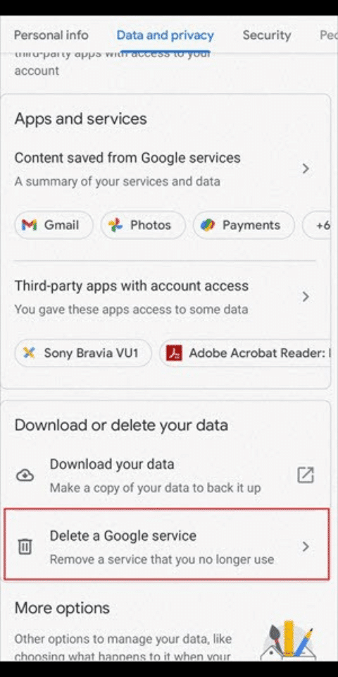 The step to be taken to delete a Google service.