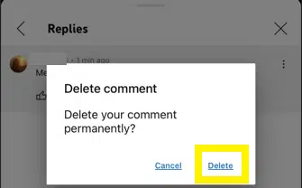 Deleting a comment confirmation on a YouTube video.