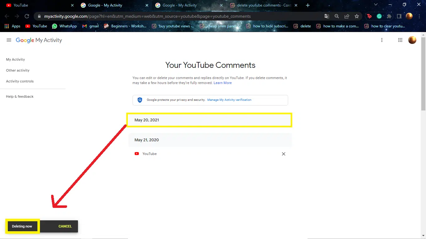 Deleting now notice on "Your YouTube Comments".