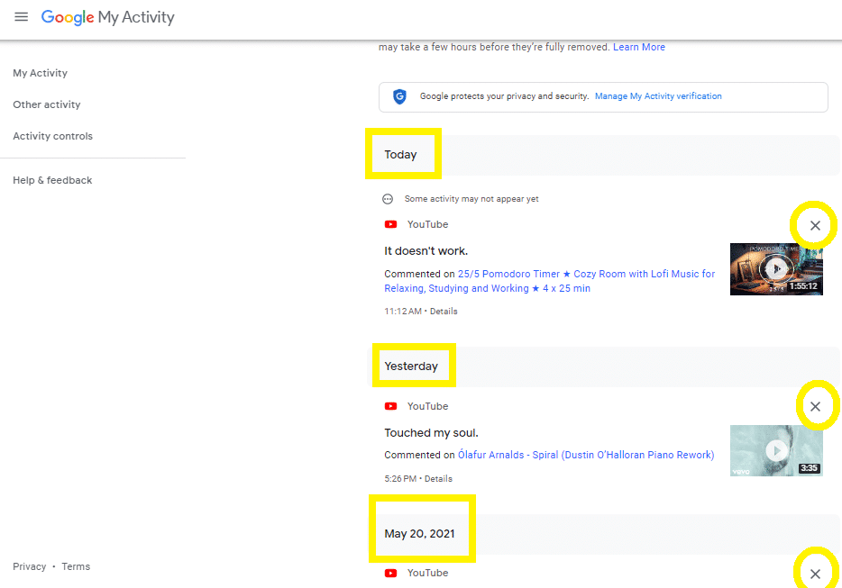 Google - My Activity - Your YouTube Comments section with dates and how to delete.
