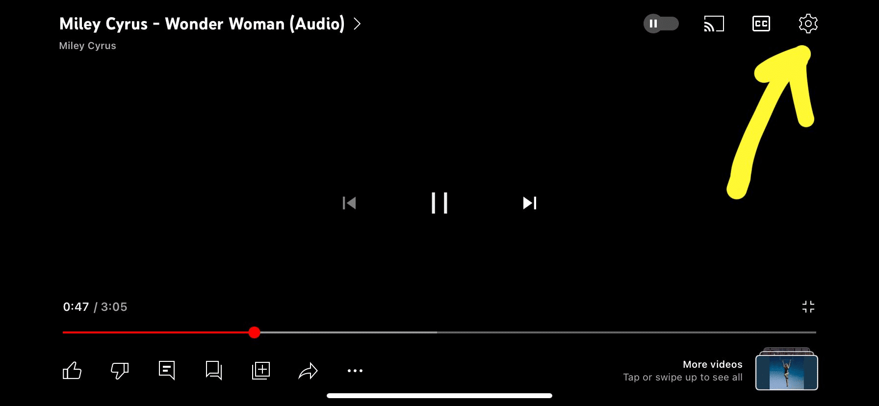 "Settings" icon on a YouTube app video. 
