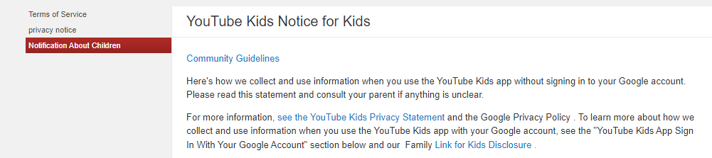 YouTube kids notice for kids.
