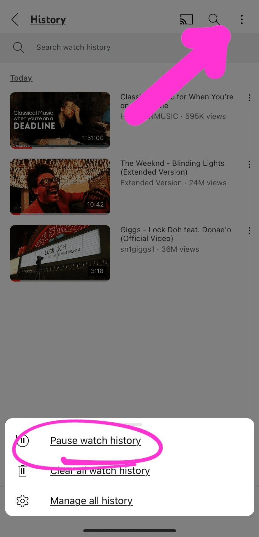 Three dots and Pause watch history" on a YouTube history.