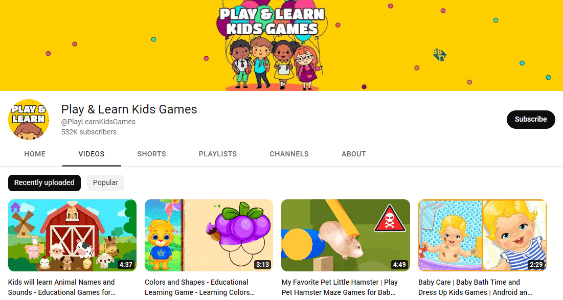 Play & Learn Kids Games uses professional software and tools to make animated YouTube video.