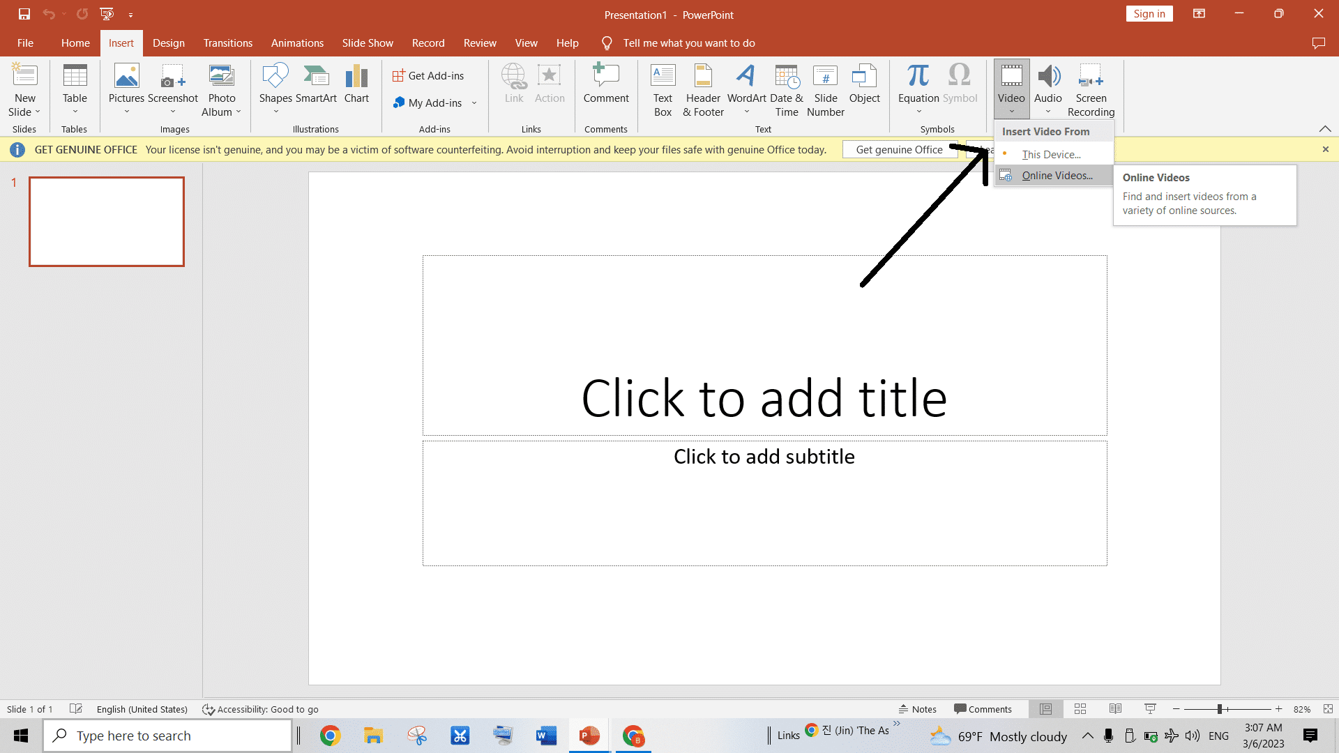 Open PowerPoint, click Insert, then Video and Online Video.