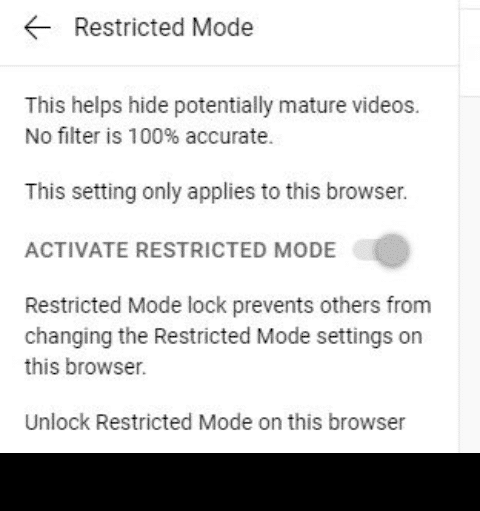 The section where you can activate restricted mode on YouTube.