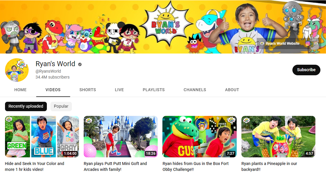 The YouTube homepage of Ryan's World is designed to get the attention of children.