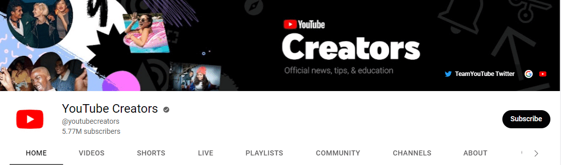 The home page of YouTube Creators uses various images to reflect the diversity of content on the channel.