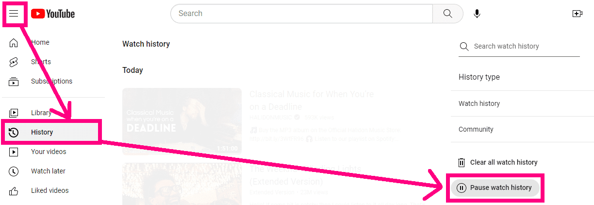 Pause watch history button on YouTube history.