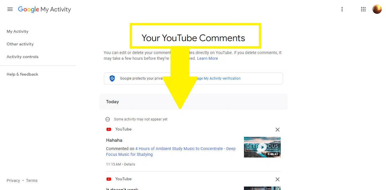 "Your YouTube Comments" in Google - My Activity.