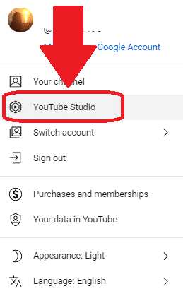 Click "YouTube Studio" under your profile picture.