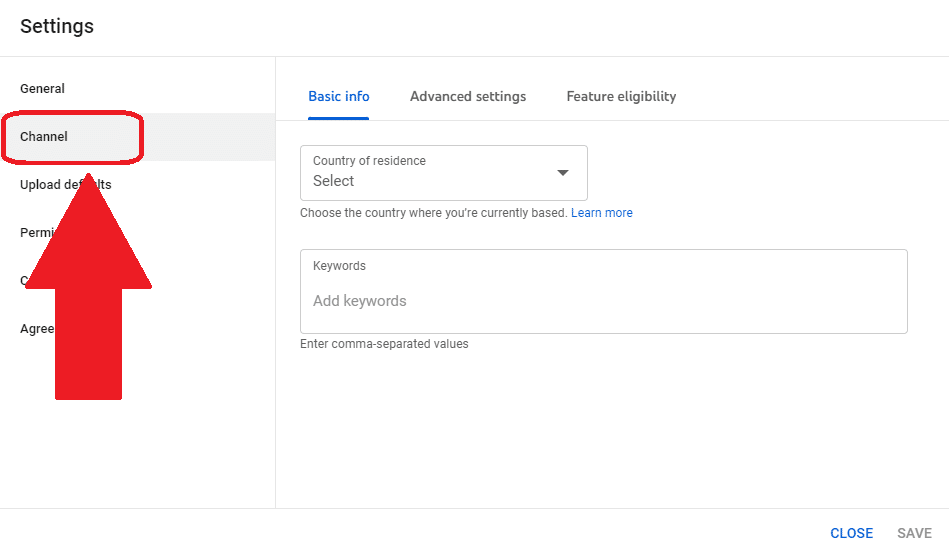 Channel option in YouTube Studio Settings.