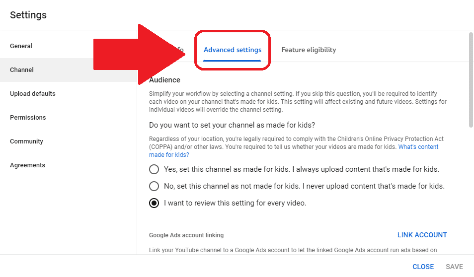 "Advanced settings" to open YouTube channel's privacy settings.