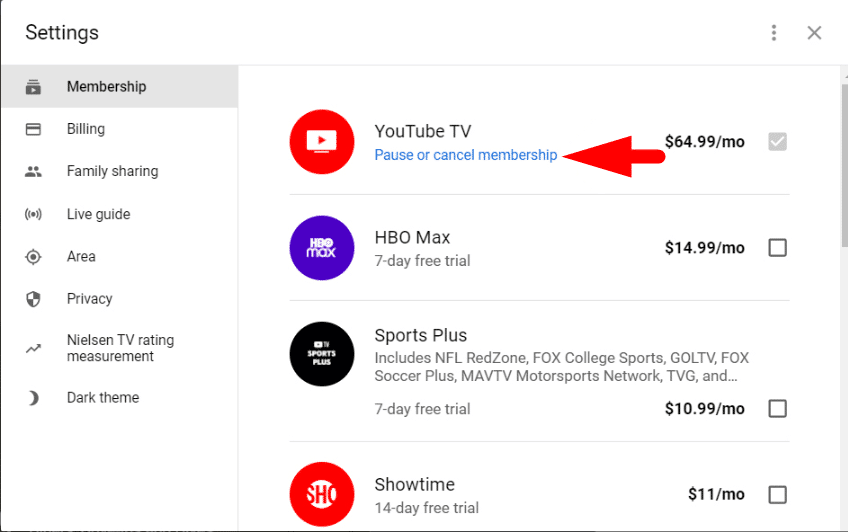 Click Pause or Cancel Membership under the YouTube TV option.