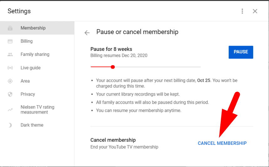 In the pop-up window that opens up, navigate to the bottom of the screen, and click Cancel Membership which appears in blue.