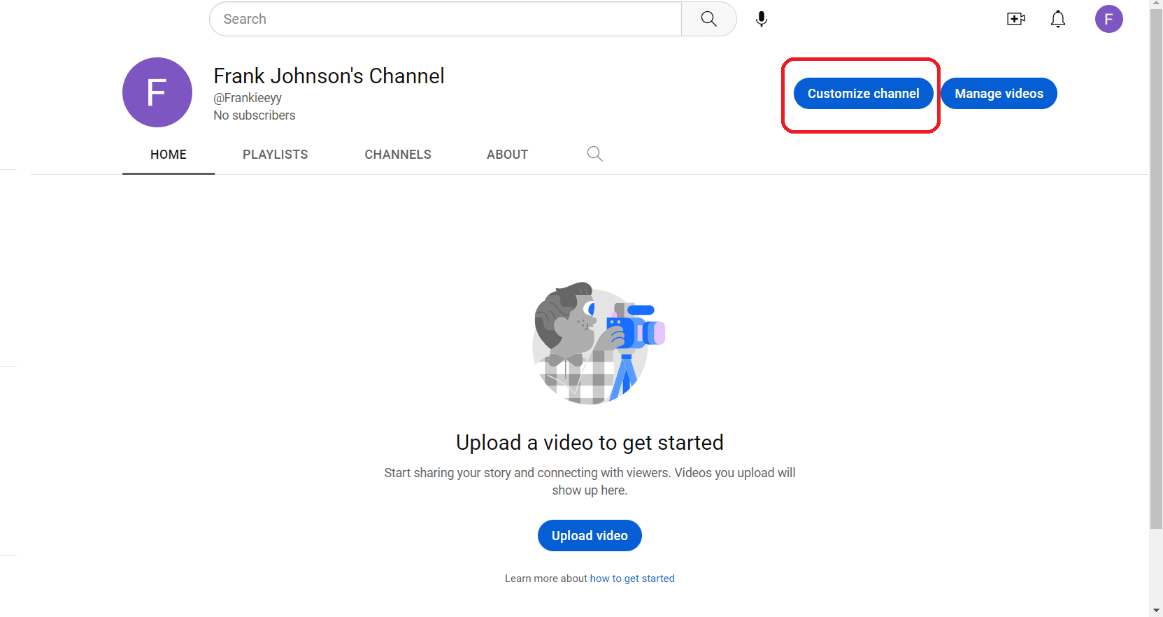 Click on "Customize channel" next to "Manage videos".