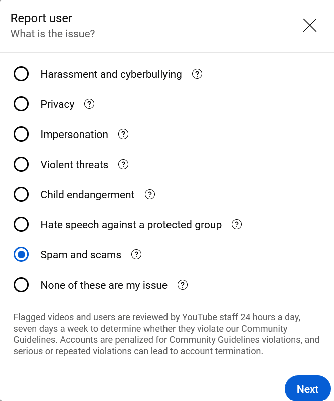 Select report and choose a reason.