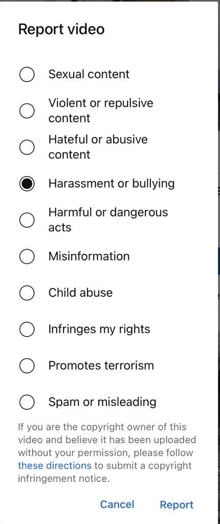 Decide on the issue before report a channel or video.
