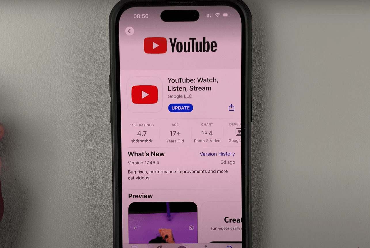 The apple store screen where you can update the YouTube app