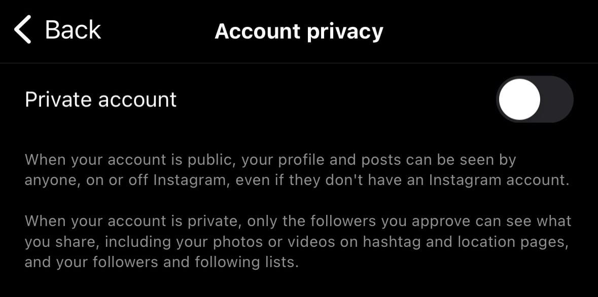 Caption showing how to toggle on or off private account.