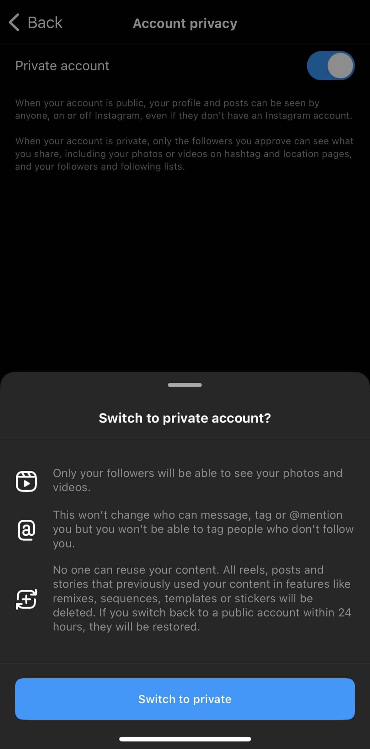 Screenshot showing how to click "Switch to private"