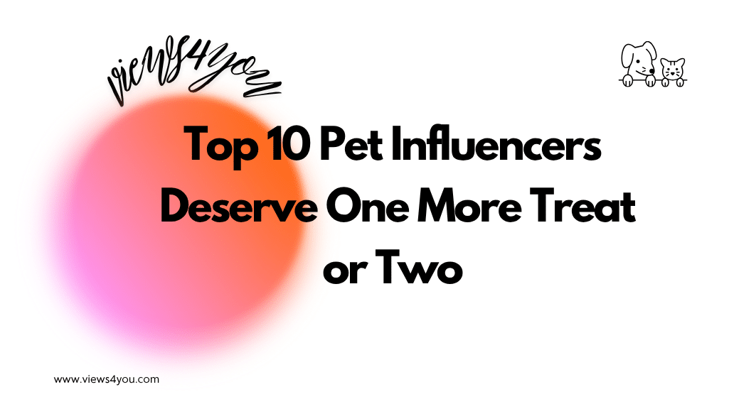 "Top 10 Pet Influencers Deserve One More Treat or Two" – banner with Views4You logo, gradient circle, and cartoon pets as icons.