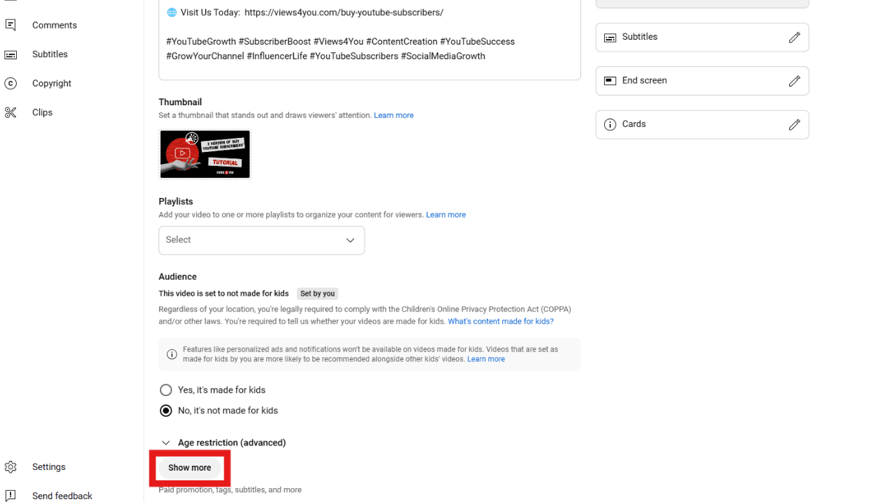YouTube Studio Content section showing a red highlighted ‘Show more’ button.