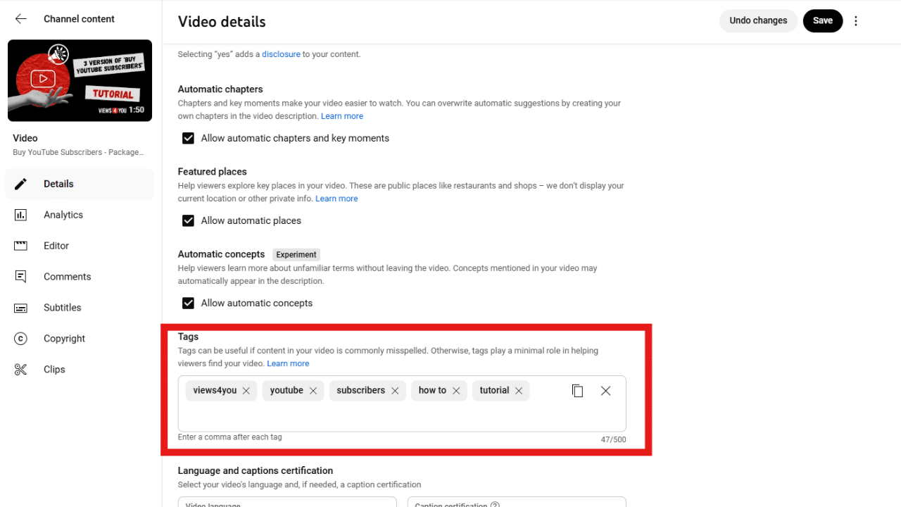 YouTube Studio Video Details page showing the Tags section highlighted in red.