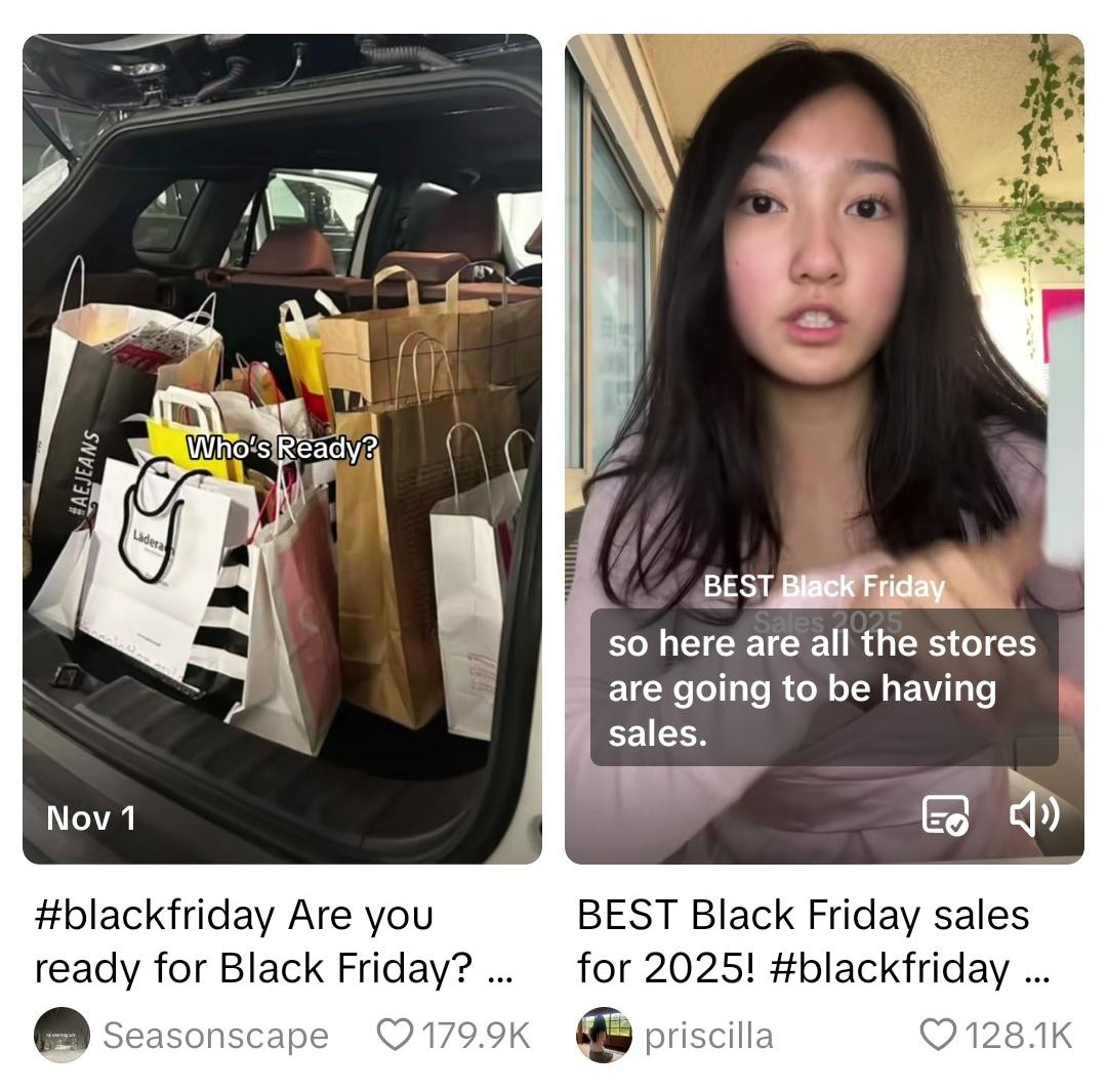 A collage of Black Friday-themed TikTok videos from creators Seasonscape and priscilla, featuring shopping bags loaded in a car trunk and a creator explaining upcoming Black Friday 2025 sales.