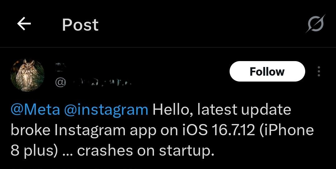 Screenshot of an X user tagging Meta and Instagram while reporting app crashes on iPhone after the latest update.