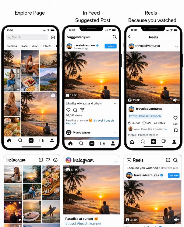 Instagram content distribution examples showing Explore page, suggested posts in feed, and Reels discovery visibility.