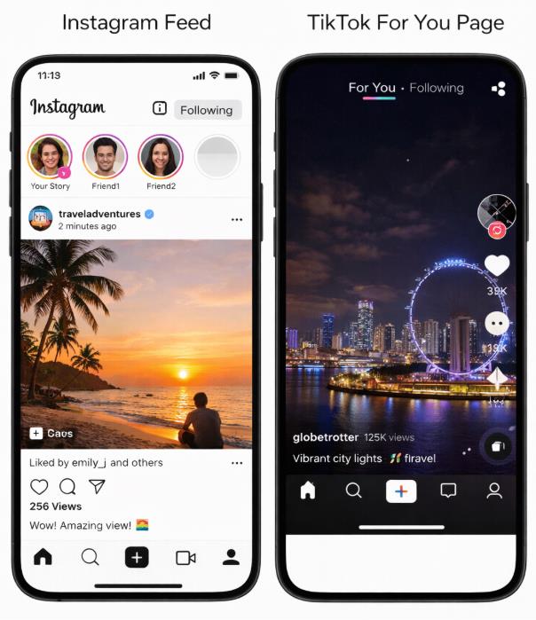 Comparison between Instagram Feed and TikTok For You Page showing social graph vs interest graph content distribution.